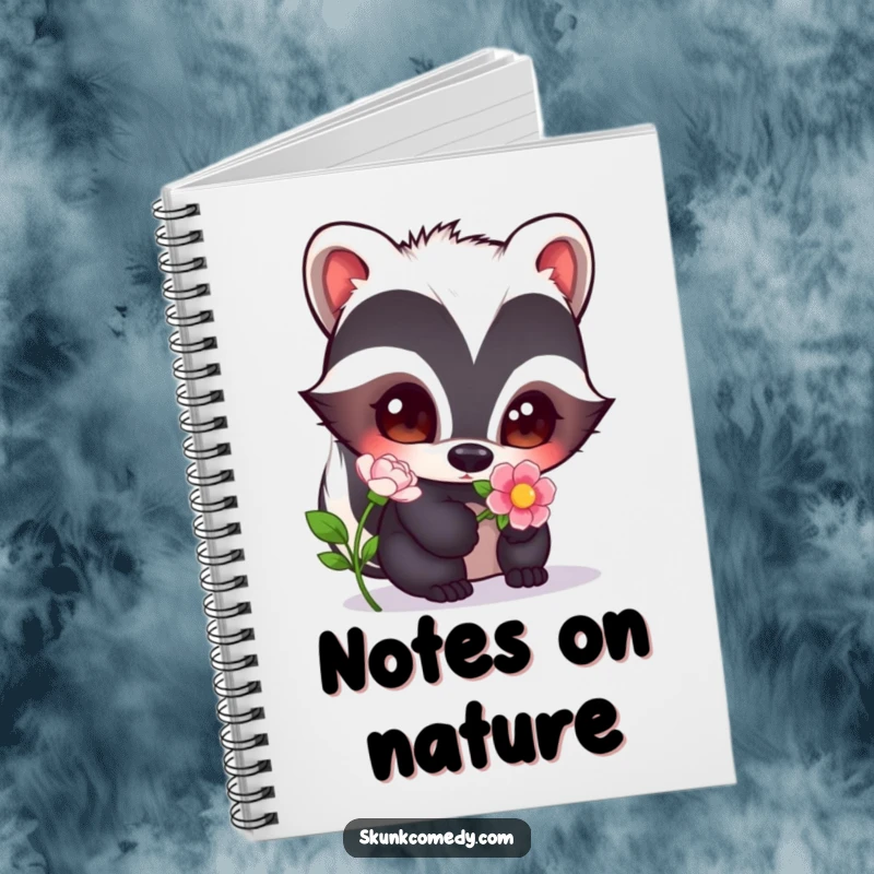 Funny skunk with wide, curious eyes sniffing a flower, a delightful and humorous design for this notebook.