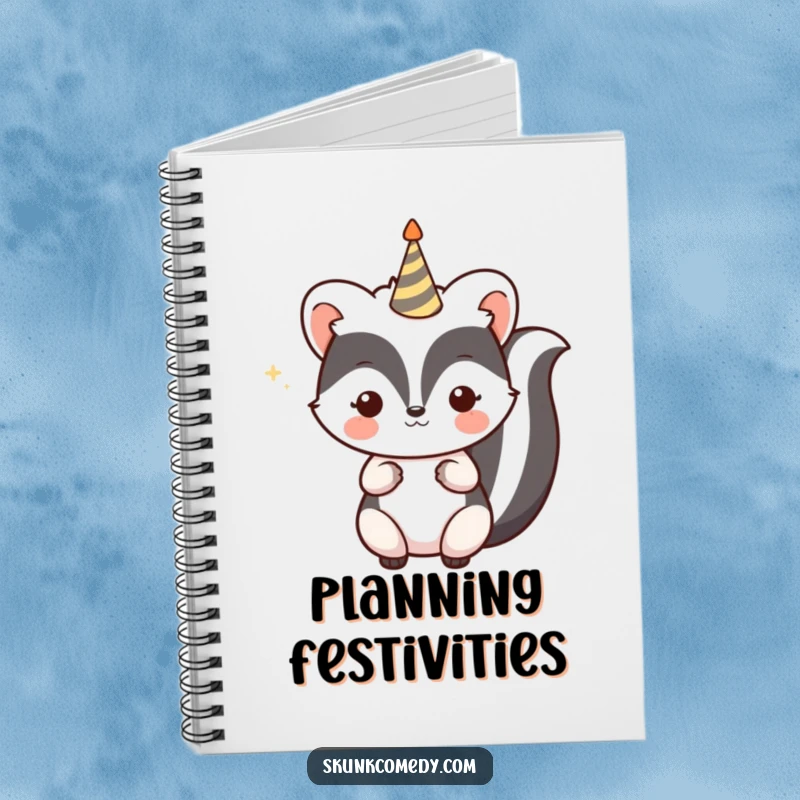 Funny Kawaii Skunk Notebook with a skunk holding a celebratory party horn, perfect for jotting down party ideas and plans, a great gift.