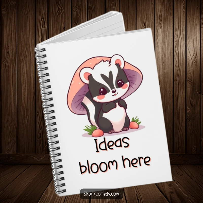 Funny kawaii skunk peeking from behind a mushroom, a cute and whimsical design for this humorous notebook.