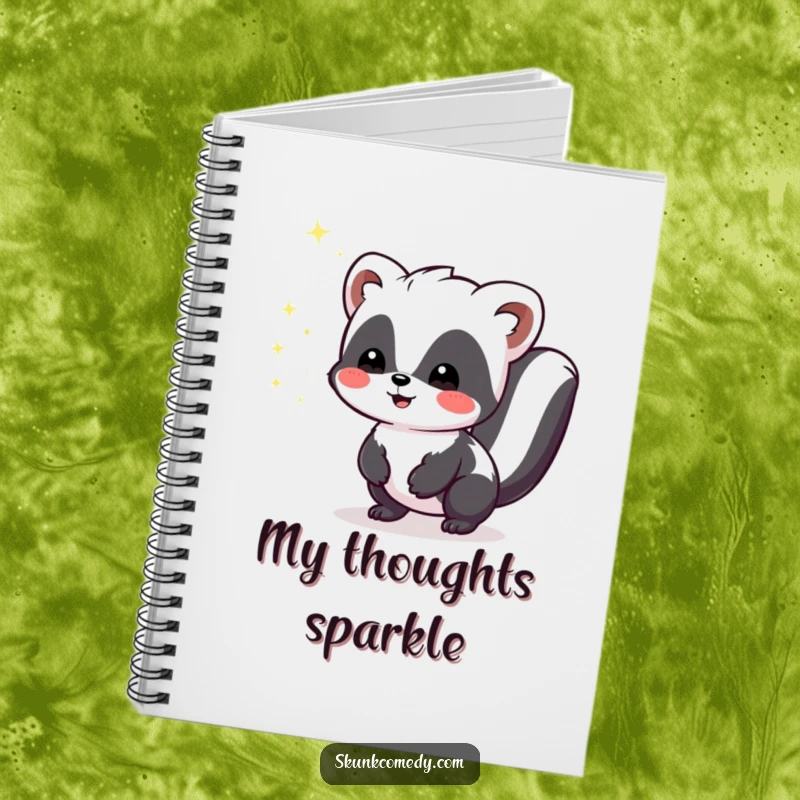 Funny Kawaii Skunk notebook with a cute skunk emitting tiny, harmless sparkles of joy, ideal for journaling and creative writing.