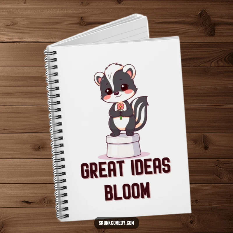Funny notebook cover with a proud skunk standing on a tiny pedestal, holding a flower.