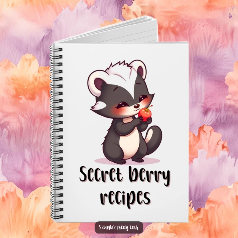 Funny notebook cover with a shy skunk offering a small, glowing berry with a hesitant smile.