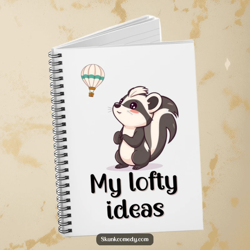 Funny skunk notebook showing a skunk looking up with excitement at a hot air balloon, ideal for journaling and adventurous thoughts.
