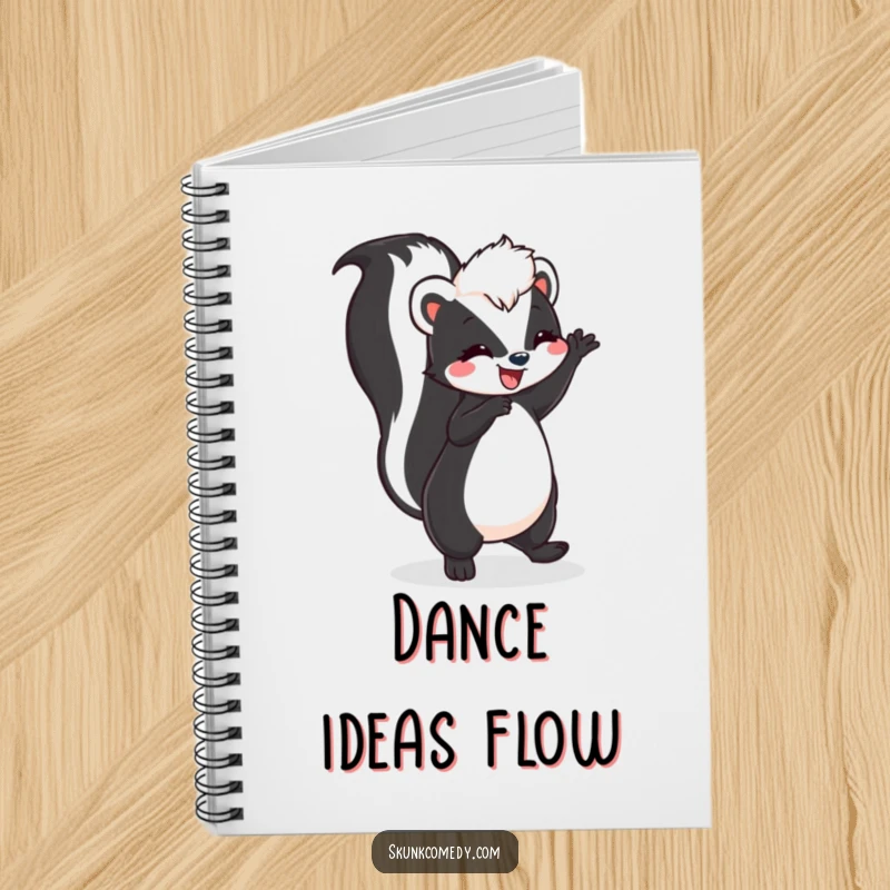 Funny skunk doing a joyful dance with its tail high on the cover of a notebook, inspiring happy notes.