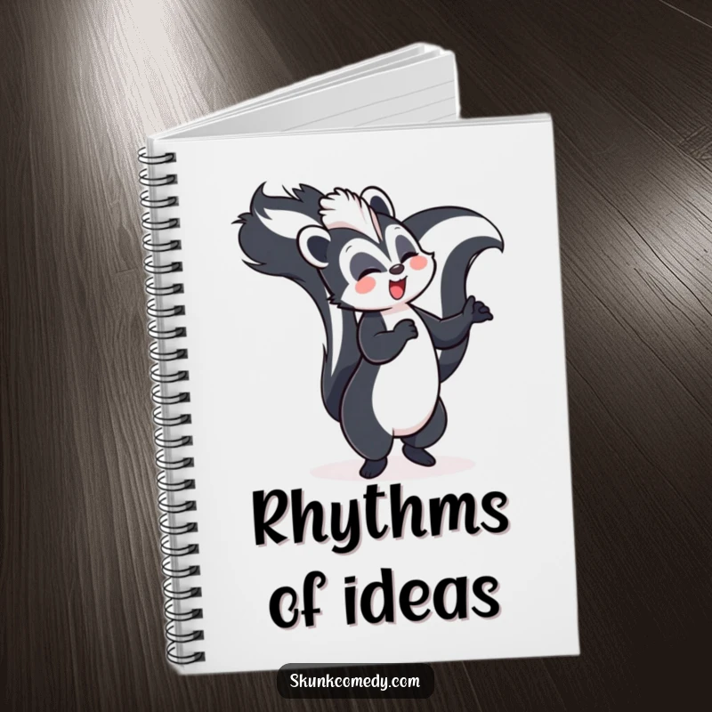 Funny skunk notebook, joyfully dancing with its tail held high, perfect for writing and journaling.