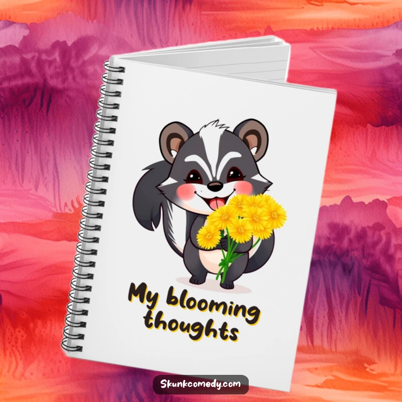 Funny skunk notebook showing a skunk with a wide grin holding oversized dandelions, ideal for journaling and spreading cheerful humor.