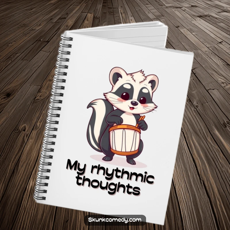 Funny skunk notebook showing a skunk playing a tiny drum, ready to capture musical inspiration.