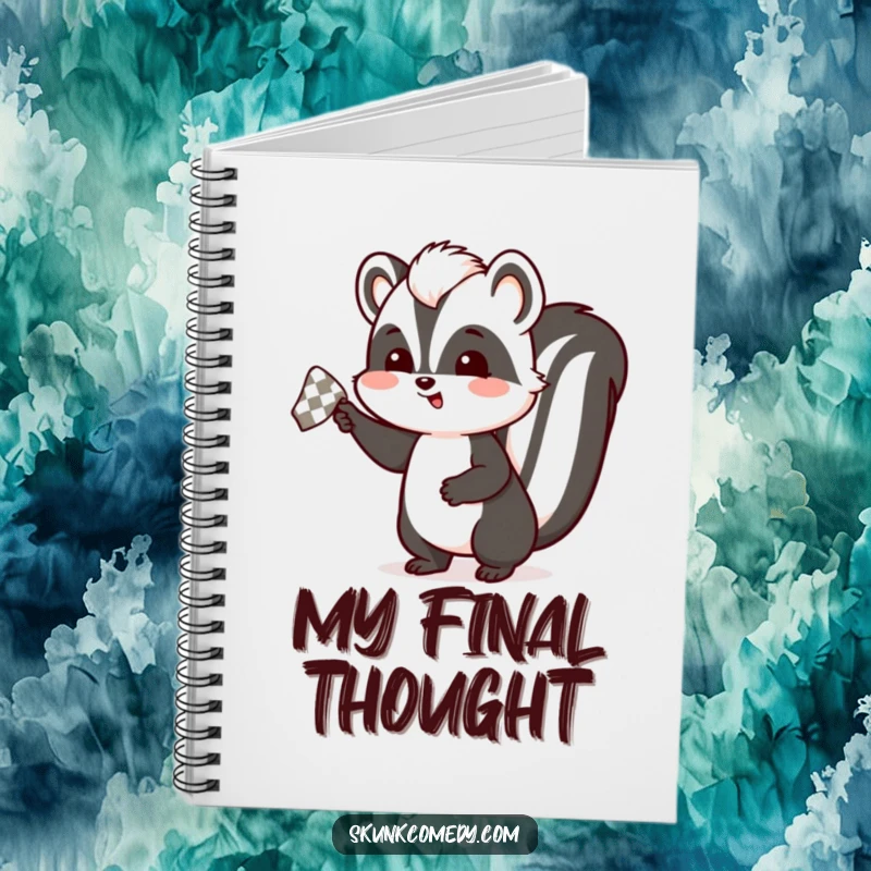 Funny skunk notebook showing a skunk enthusiastically waving a checkered handkerchief, ideal for journaling and capturing farewell emotions.