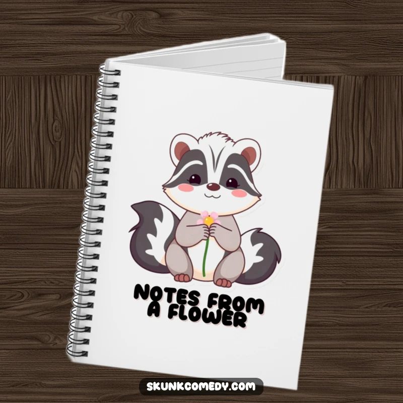 Funny notebook featuring a shy skunk offering a flower with a gentle smile, ideal for jotting down thoughts with a sweet and humorous touch.