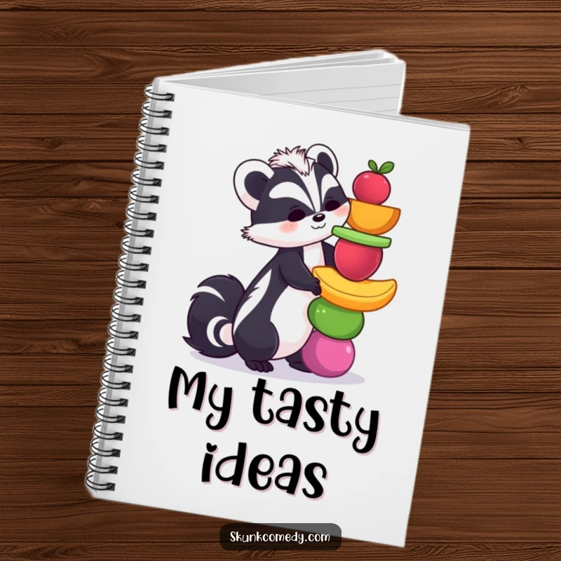 Funny skunk notebook showing a skunk balancing colorful fruits, ideal for journaling, note-taking, and adding humor to everyday tasks.