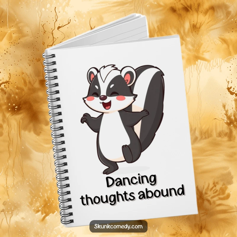 Funny skunk notebook, a skunk doing a joyful jig with its striped tail held high, for jotting notes with flair.