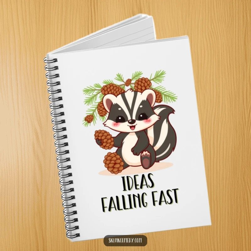 Funny skunk notebook, playfully juggling pinecones, ideal for writing, drawing, and nature lovers.