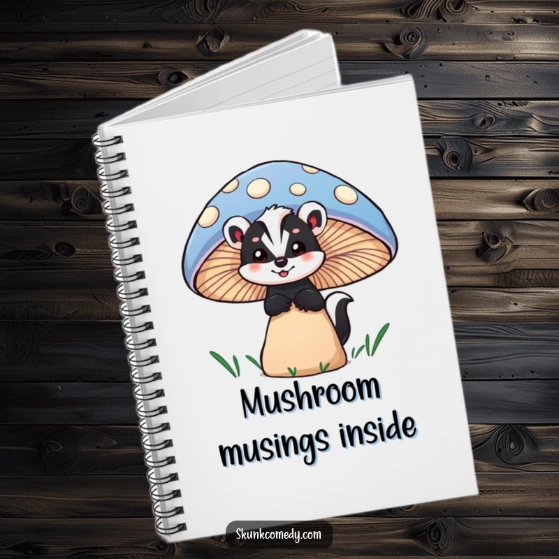 Funny skunk notebook with a skunk peeking curiously from behind a large, colorful mushroom, offering a space for notes and creativity.