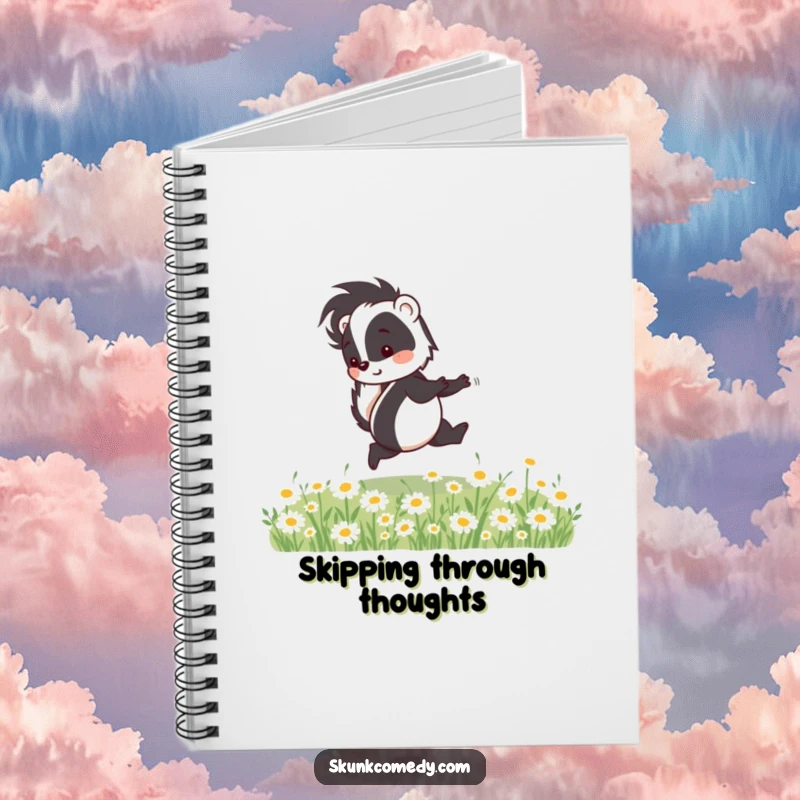 Funny skunk notebook cover showing a happy skunk skipping through daisies, inspiring cheerful thoughts and note-taking.