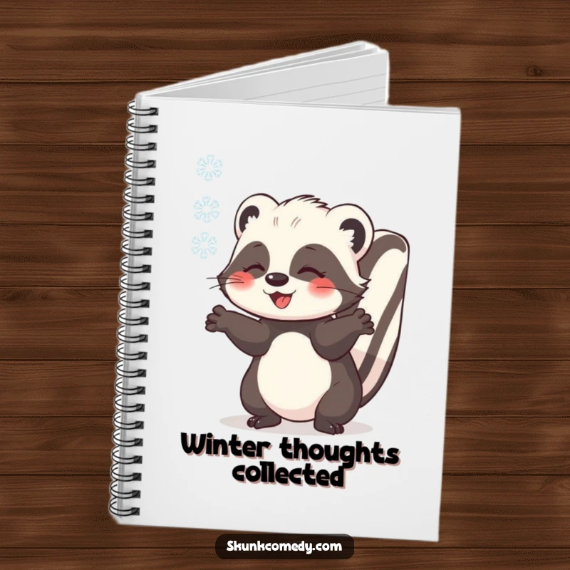 Funny skunk catching a snowflake with outstretched paws, cute lined notebook, winter theme journal, humorous stationery, gift.