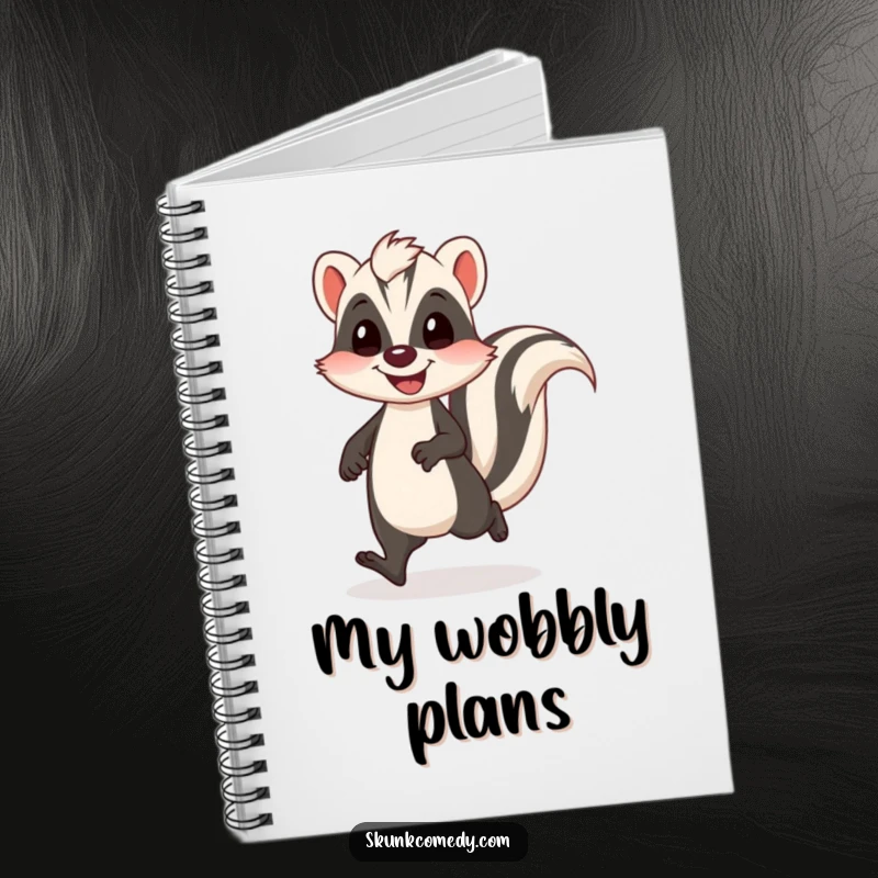 Funny skunk notebook depicting a skunk doing a funny, wobbly walk with a happy bounce, ideal for notes.