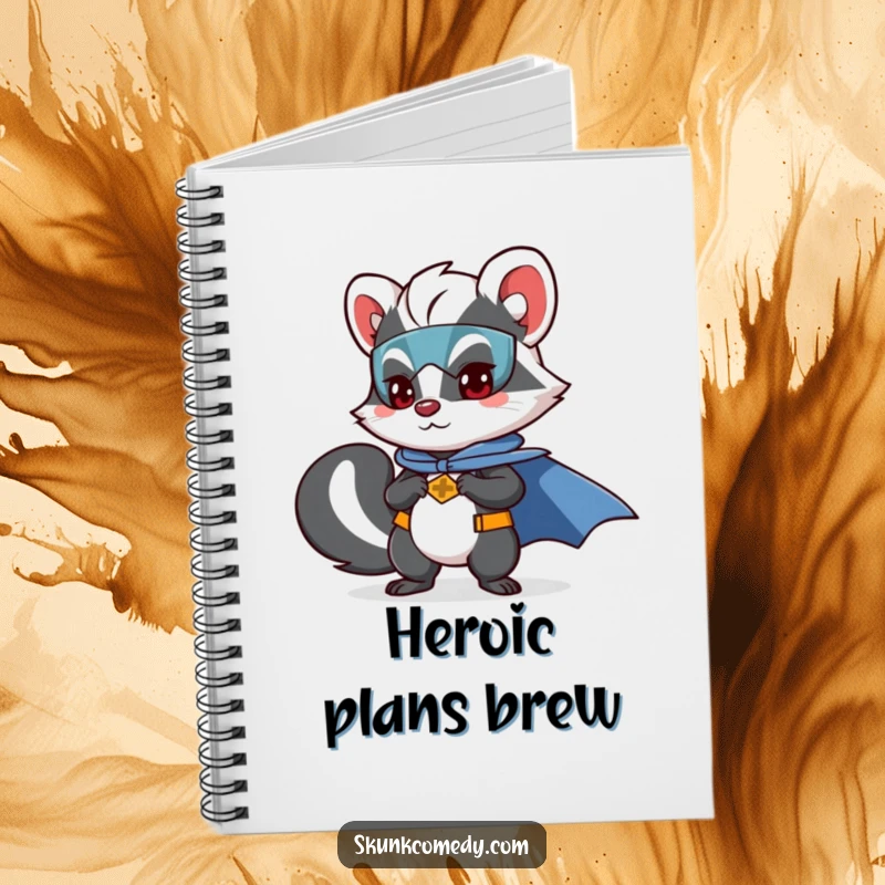 Funny skunk notebook featuring a skunk as a superhero with a cape, ready for notes.