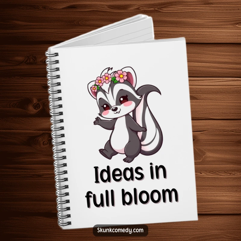 Funny Skunk Notebook featuring a skunk wearing a flower crown and playfully twirling, ideal for creative thoughts.