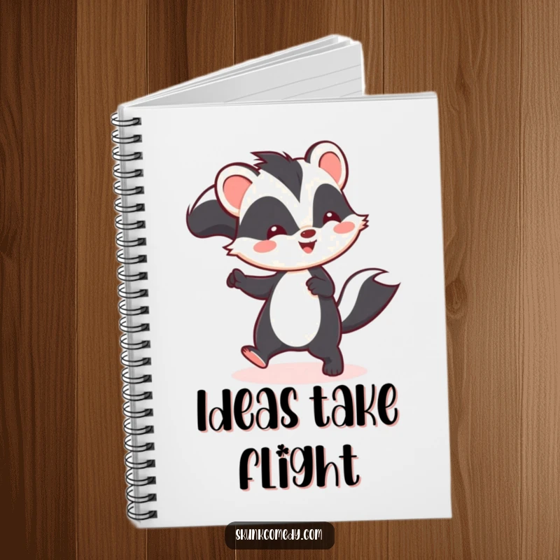 Funny Kawaii skunk notebook with a skunk doing a cheerful hop, ideal for writing and creative expression.