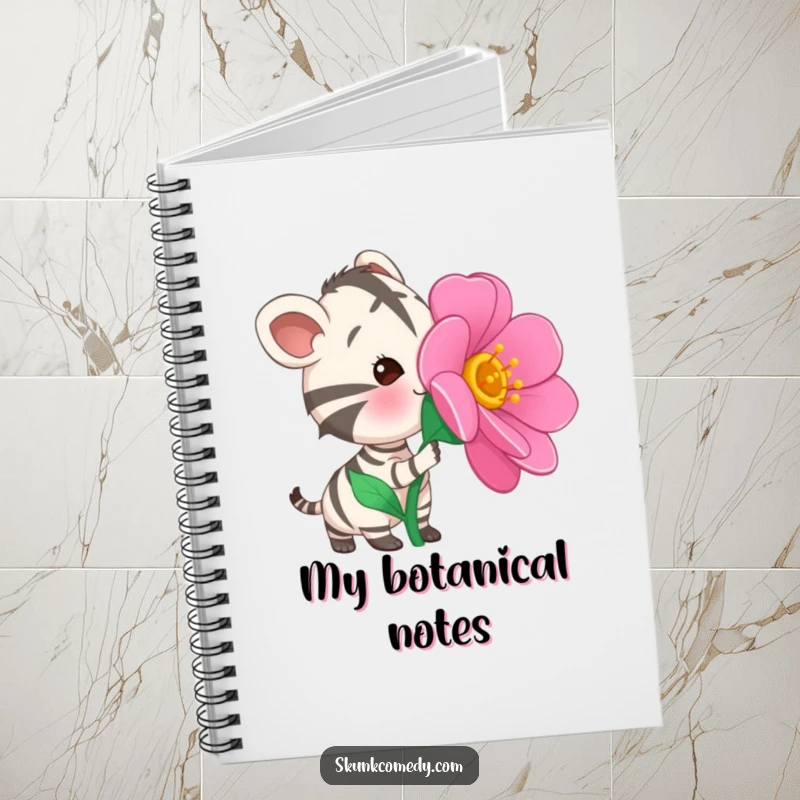 Funny Striped Animal Notebook cover showcasing a curious striped creature curiously sniffing a large, vibrant, oversized flower.