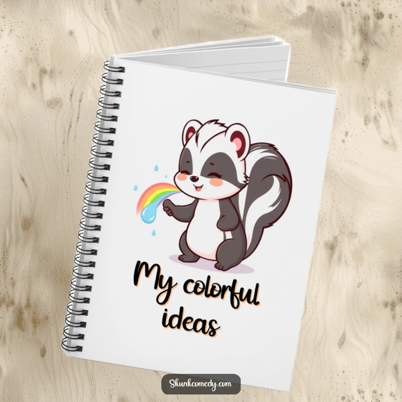 Funny skunk notebook featuring a cute skunk spraying a vibrant rainbow, perfect for capturing colorful thoughts.
