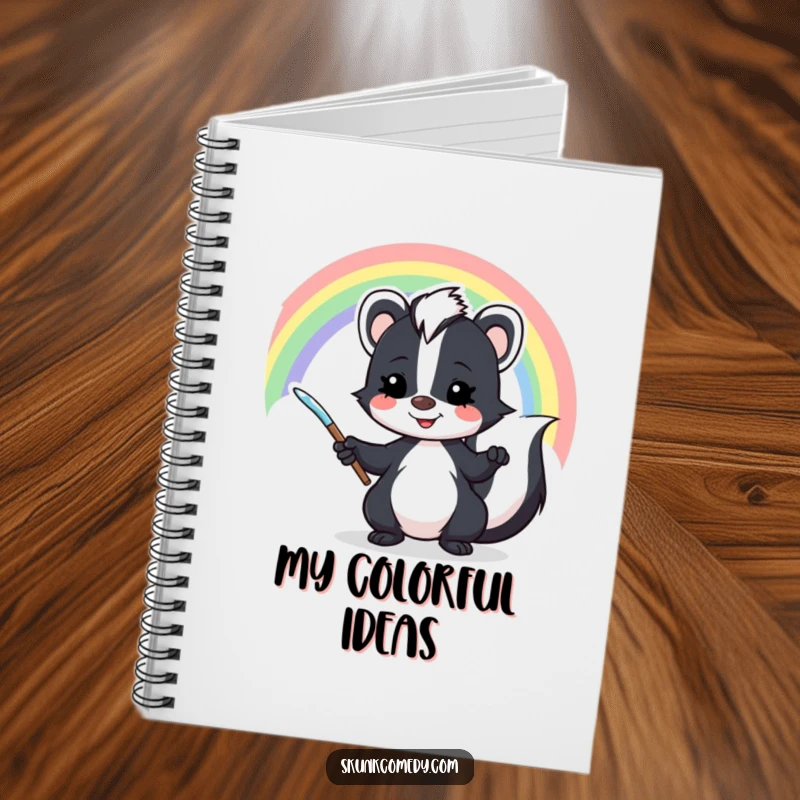 Funny skunk notebook with a mischievous skunk painting a vibrant rainbow, offering a delightful space for writing and creativity.