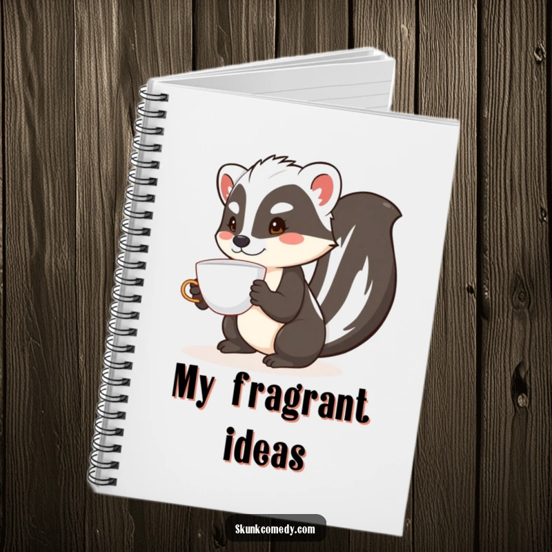 Funny skunk notebook showing a skunk focused on balancing a teacup on its nose, ready for notes.