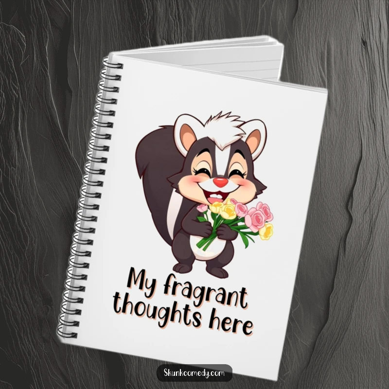Funny skunk notebook featuring a skunk with a wide, happy grin holding a bouquet, ideal for notes and journaling.