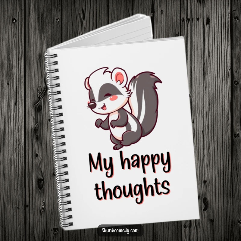 Funny notebook featuring a happy skunk doing a cheerful jig with its tail held high, ideal for jotting down notes with a playful vibe.