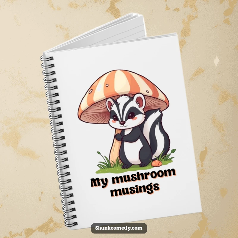 Funny skunk notebook depicting a skunk peeking from behind a large, striped mushroom, ideal for notes and journaling.