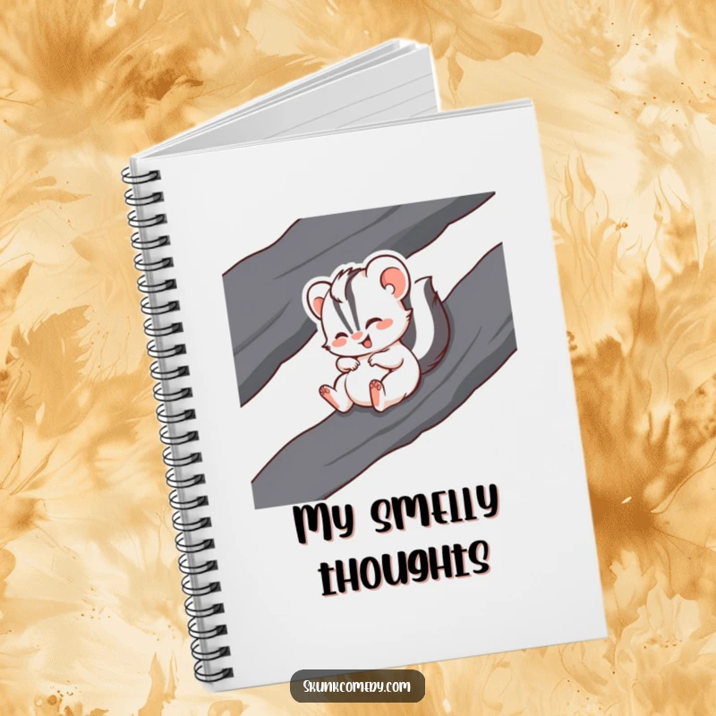 Funny notebook cover showcasing a skunk hysterically giggling while sliding down a dark rock.