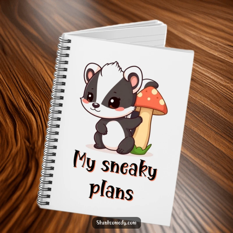 Funny skunk mushroom notebook, a playful skunk peeks from behind a mushroom, perfect for jotting down fun ideas.