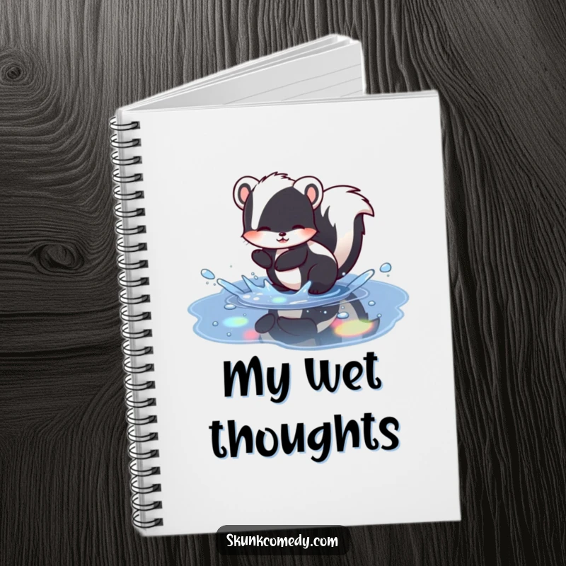 Funny skunk notebook showing a skunk splashing in a puddle with rainbow reflections, ideal for journaling and adding whimsical humor.