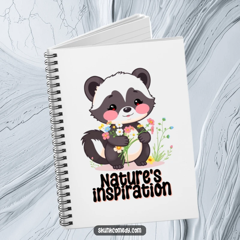 Funny skunk notebook, rosy cheeks, holding a bouquet of wildflowers, ideal for notes and nature inspiration, a funny gift.