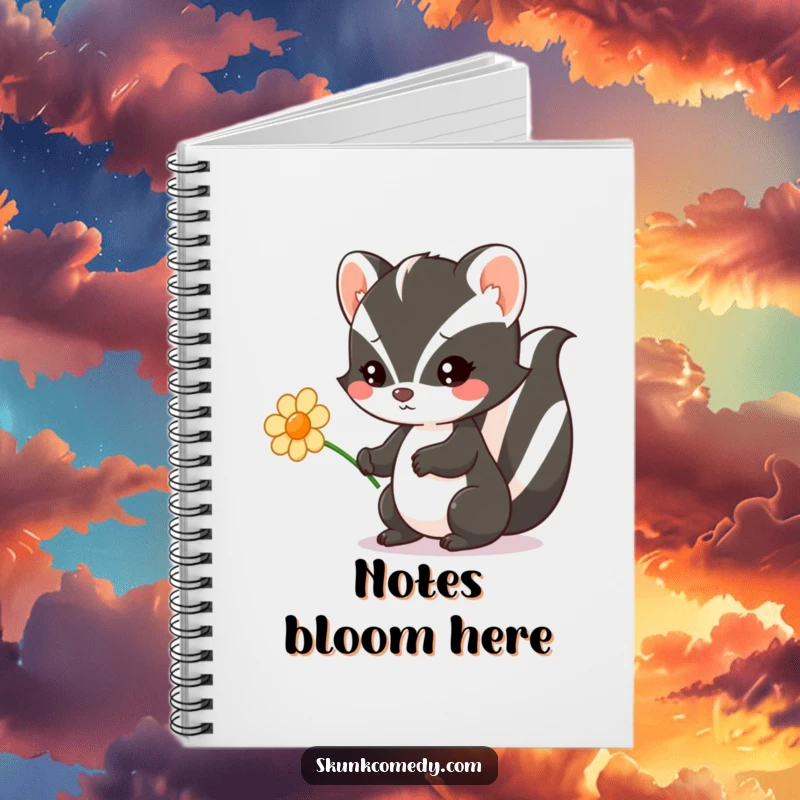 Funny Kawaii Skunk notebook with a skunk charmingly offering a flower, perfect for jotting down ideas with a sweet touch.