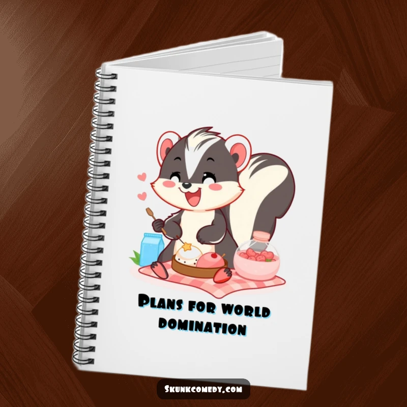 Funny skunk picnic notebook with a smiling skunk enjoying a meal, perfect for capturing ideas with humor.