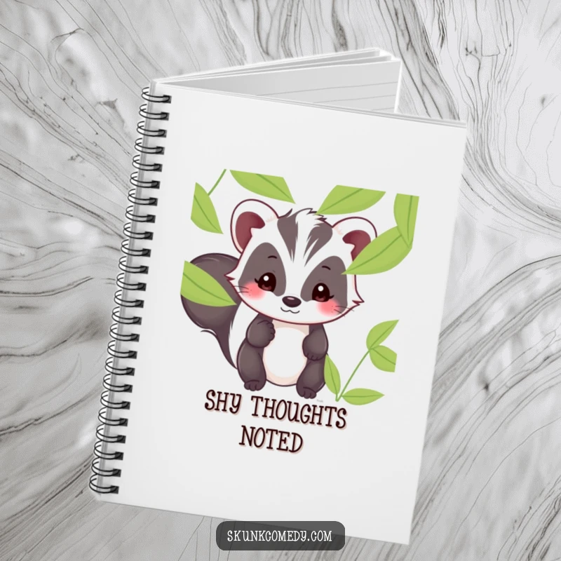 Funny Kawaii skunk notebook with a shy skunk smiling sweetly while peeking from behind leaves.