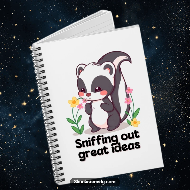 Funny Kawaii Skunk Notebook featuring a cute skunk happily sniffing flowers, ideal for jotting down sweet thoughts.