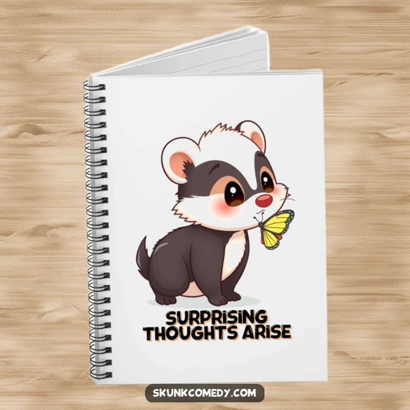 Funny skunk with a surprised expression as a butterfly lands on its nose on the cover of a notebook, inspiring unexpected notes.