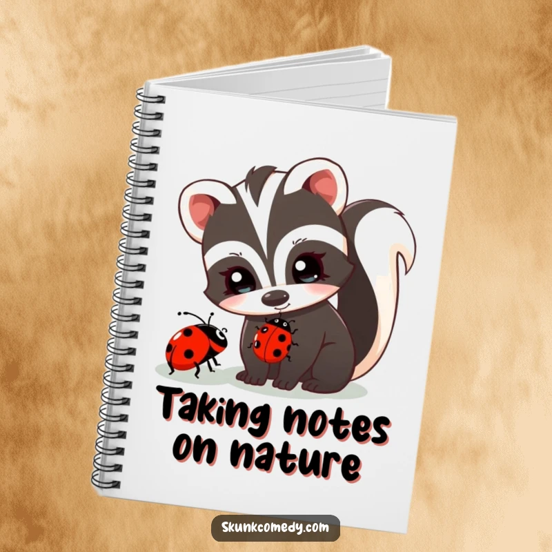 Funny skunk with twinkling eyes curiously observes a ladybug, cute lined notebook, animal journal, humorous stationery, gift.