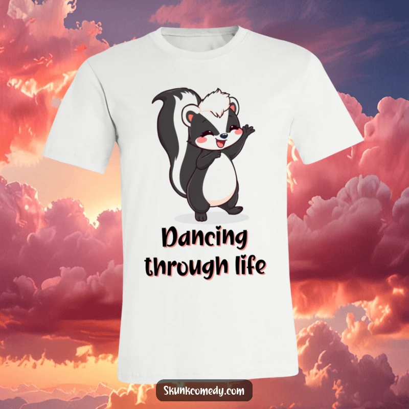 Funny skunk performing a joyous dance with its tail held high on a comfortable t-shirt, embodying pure celebration.