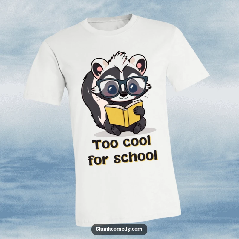 Funny skunk in oversized glasses reading a miniature book on a comfortable t-shirt, exuding intellectual charm.