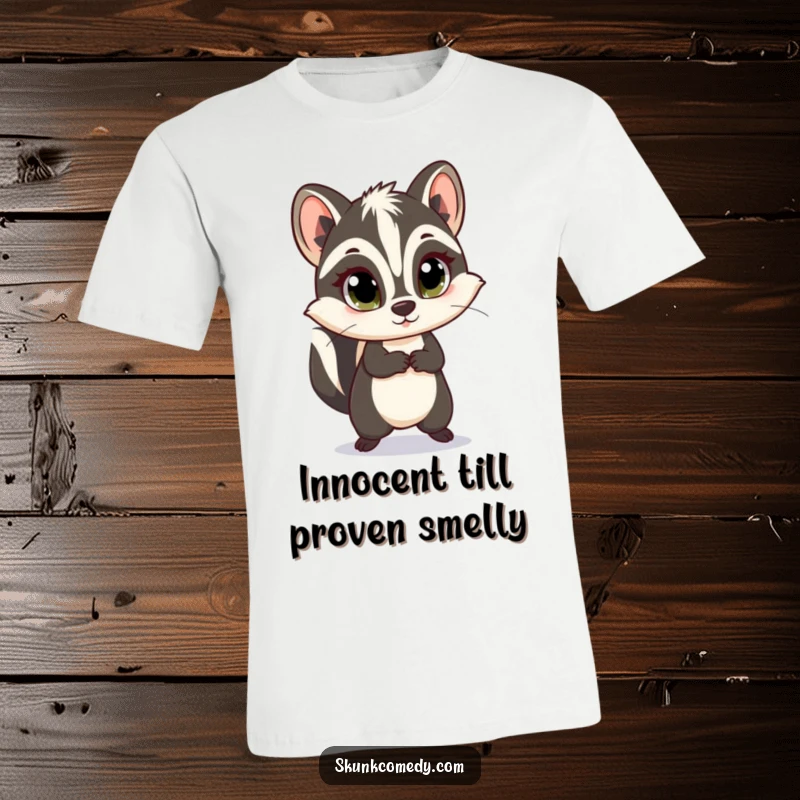 Funny skunk t-shirt with wide, innocent eyes depicted in a cheerful little skip, embodying playful innocence.