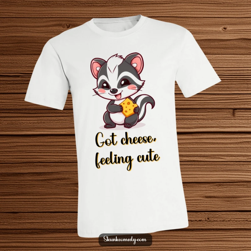 Funny Kawaii skunk t-shirt, a mischievous skunk with a big grin holding a piece of cheese, cute and humorous design.