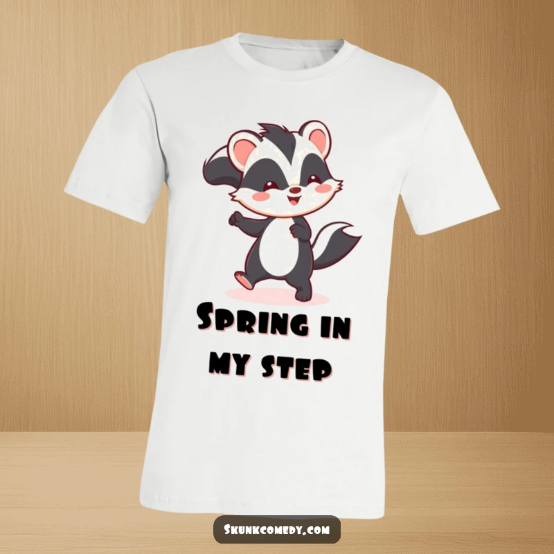 Funny Kawaii skunk t-shirt featuring a skunk playfully hopping with a happy expression, perfect for animal lovers.