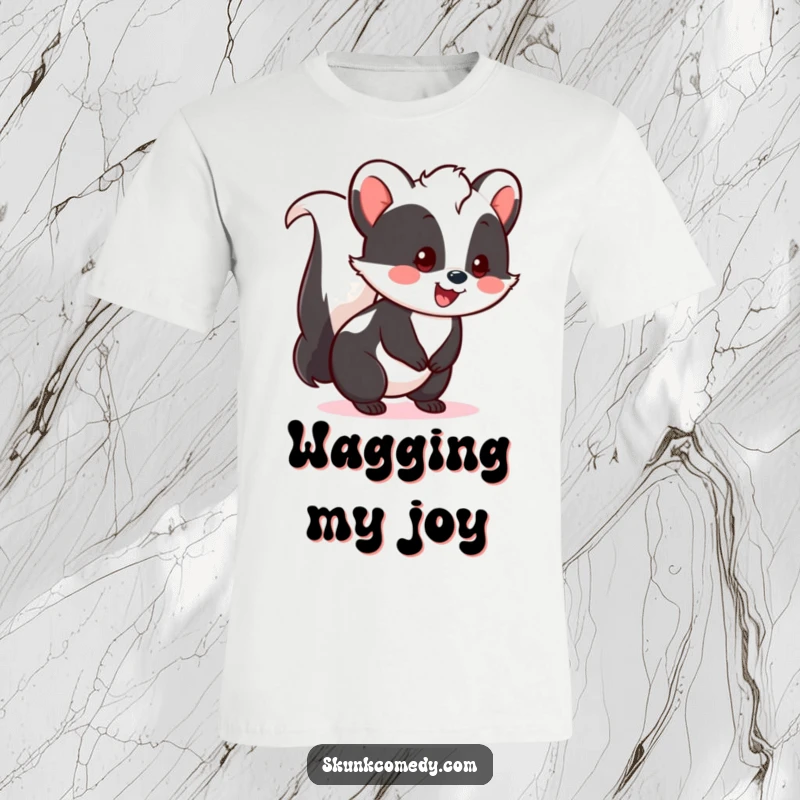 Funny Kawaii Skunk T-Shirt depicting a cheerful skunk with a bouncy, happy tail wag, embodying pure delight for apparel.