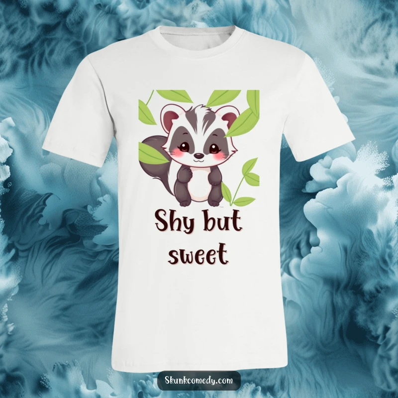 Funny Kawaii skunk t-shirt featuring a shy skunk smiling sweetly while peeking from behind leaves.