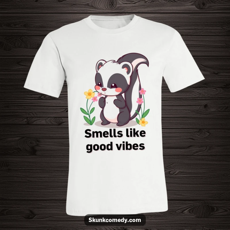 Funny Kawaii Skunk T-Shirt showing a cute skunk with its tail up, happily smelling flowers, spreading floral cheer.