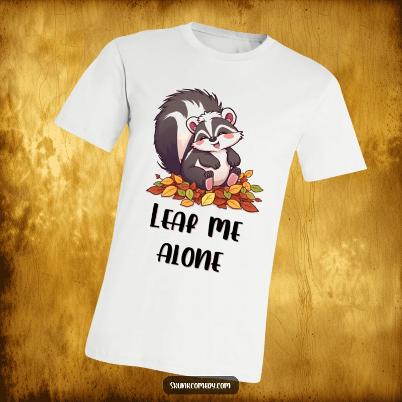 Funny skunk t-shirt featuring a happy skunk joyfully tumbling head over heels in a pile of colorful leaves.