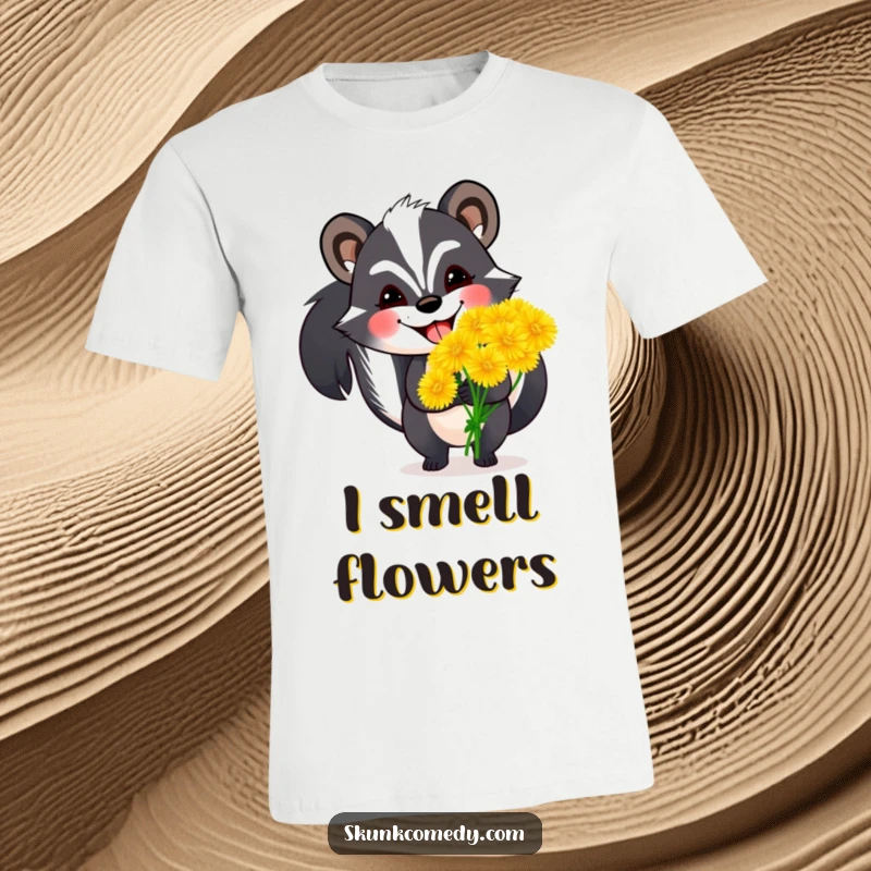 Funny skunk t-shirt featuring a skunk with a huge grin holding an armful of oversized dandelions, a joyful and humorous graphic.